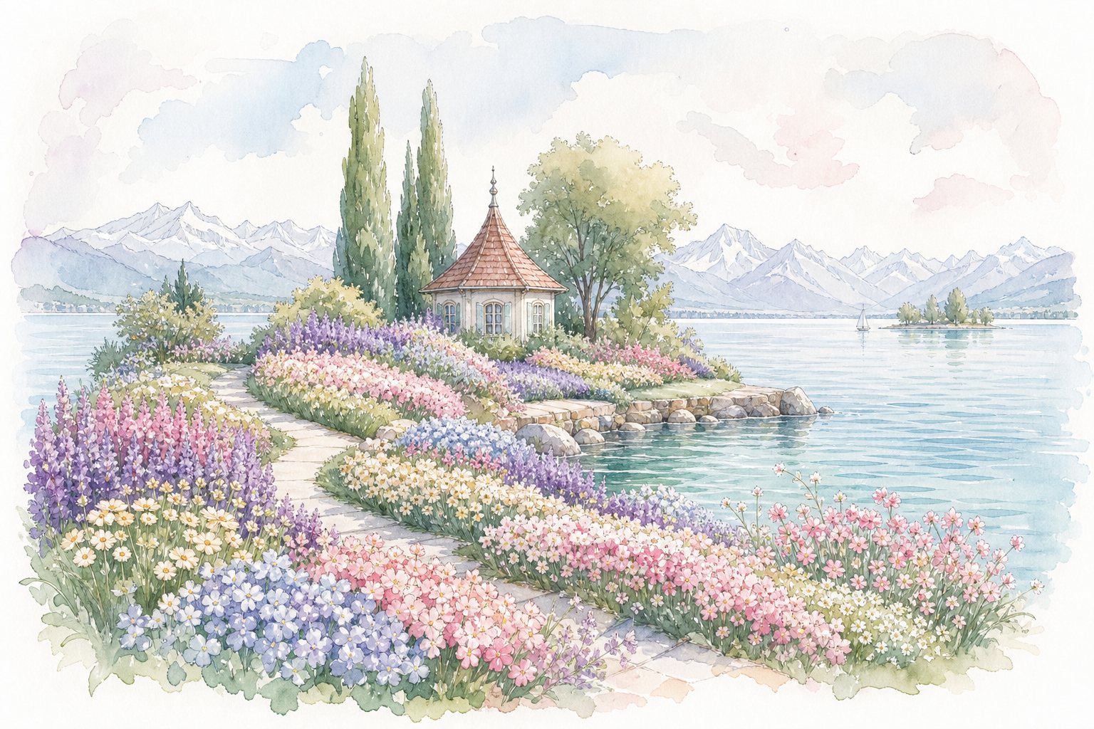 Bunte Sommerblumenbänder auf einer Uferwiese mit kleinem Turmhaus (mit AI erstelltes Bild)