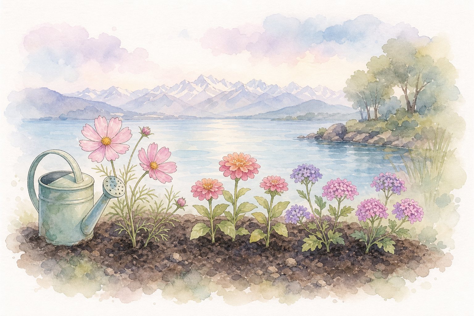 Frisch gesetzte Sommerblumen und Gießkanne in dunkler Erde (mit AI erstelltes Bild)