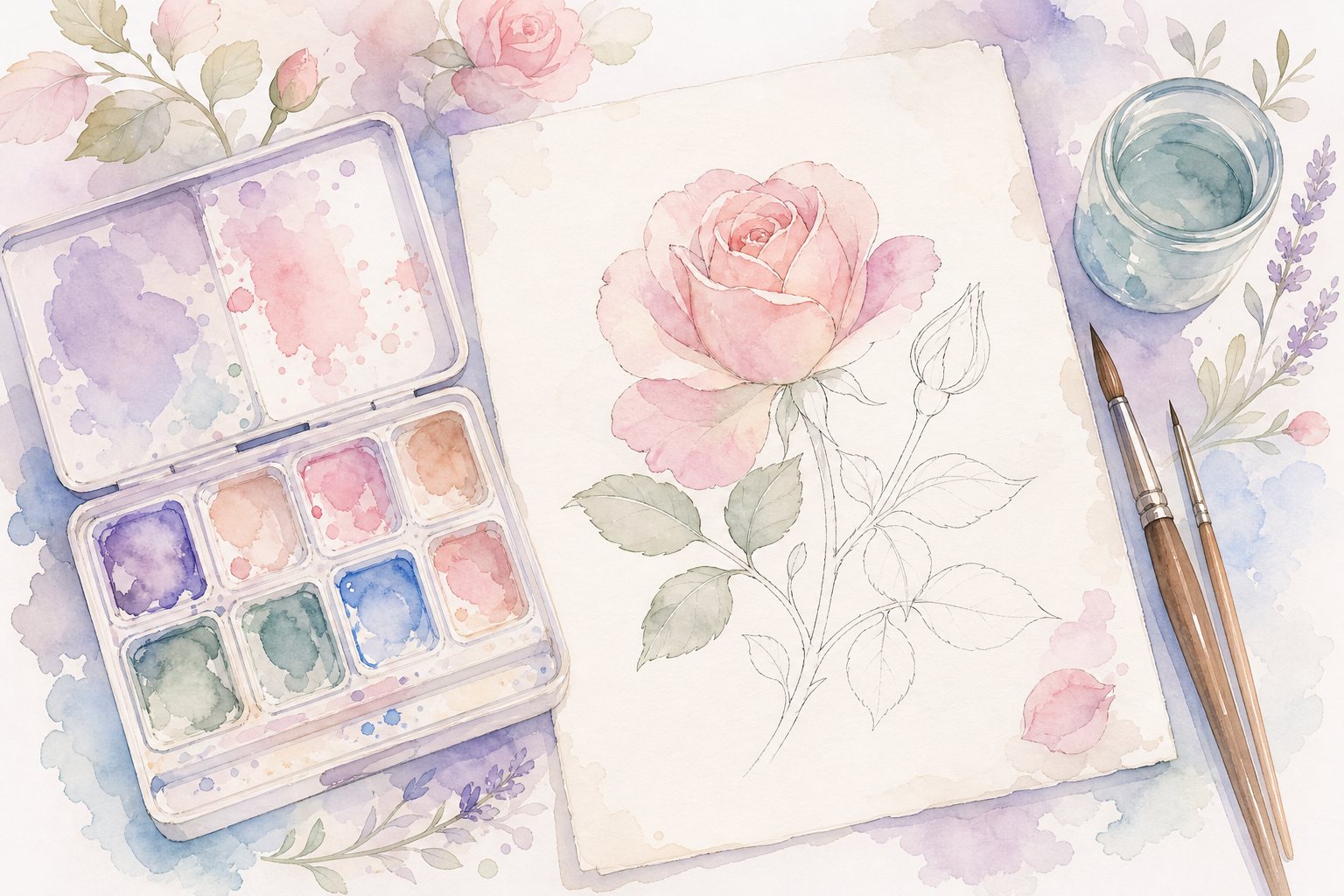 Aquarellkasten, Pinsel und eine halb gemalte Rose auf Papier (mit AI erstelltes Bild)