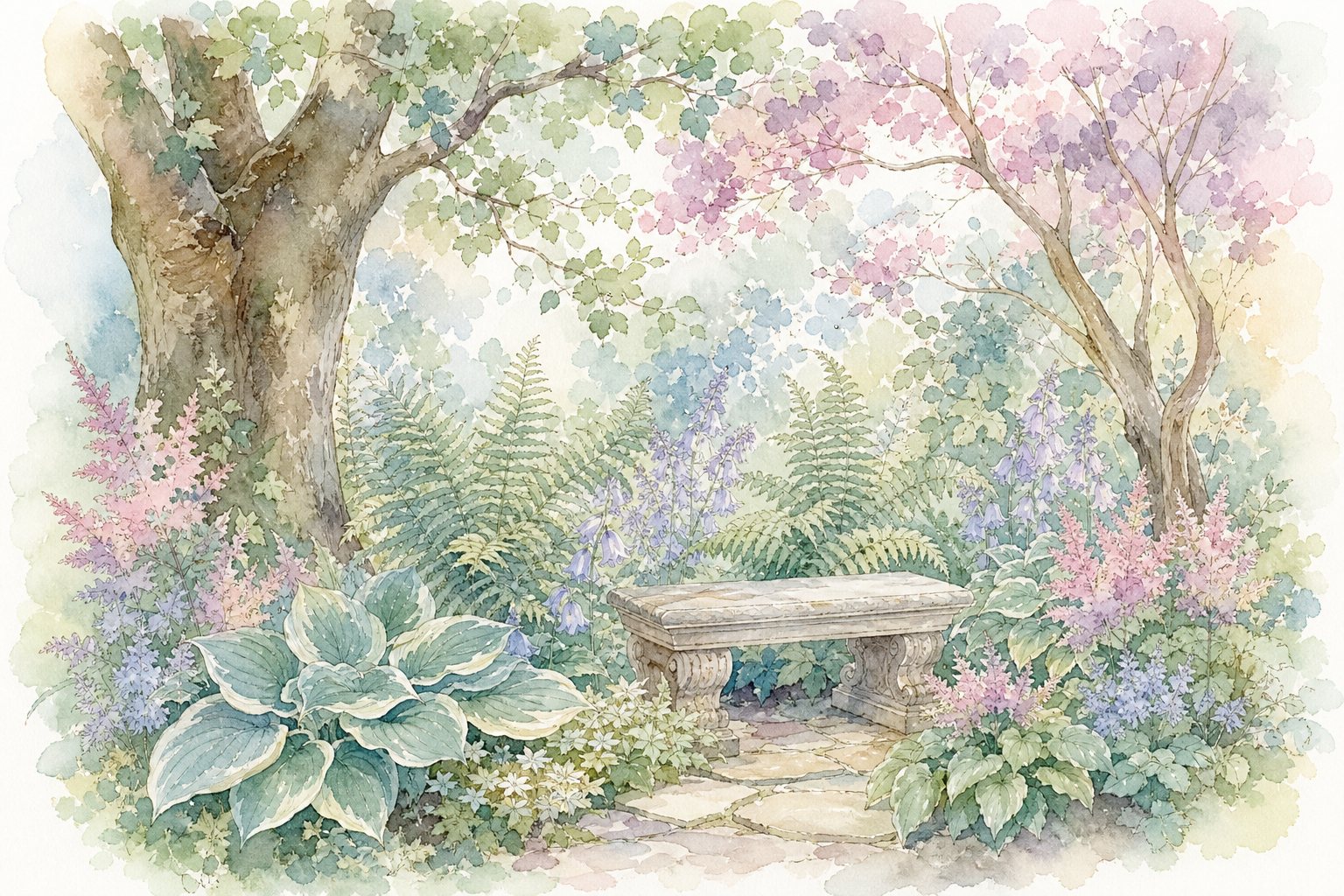 Schattengarten mit Funkien, Farnen und einer Steinbank unter alten Bäumen (mit AI erstelltes Bild)