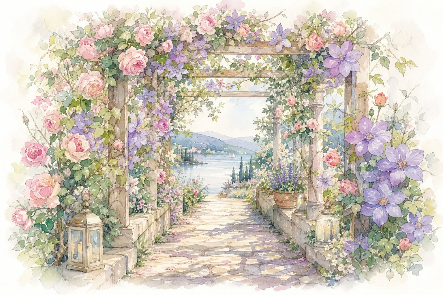 Laubengang aus Rosen und Clematis mit Laterne (mit AI erstelltes Bild)