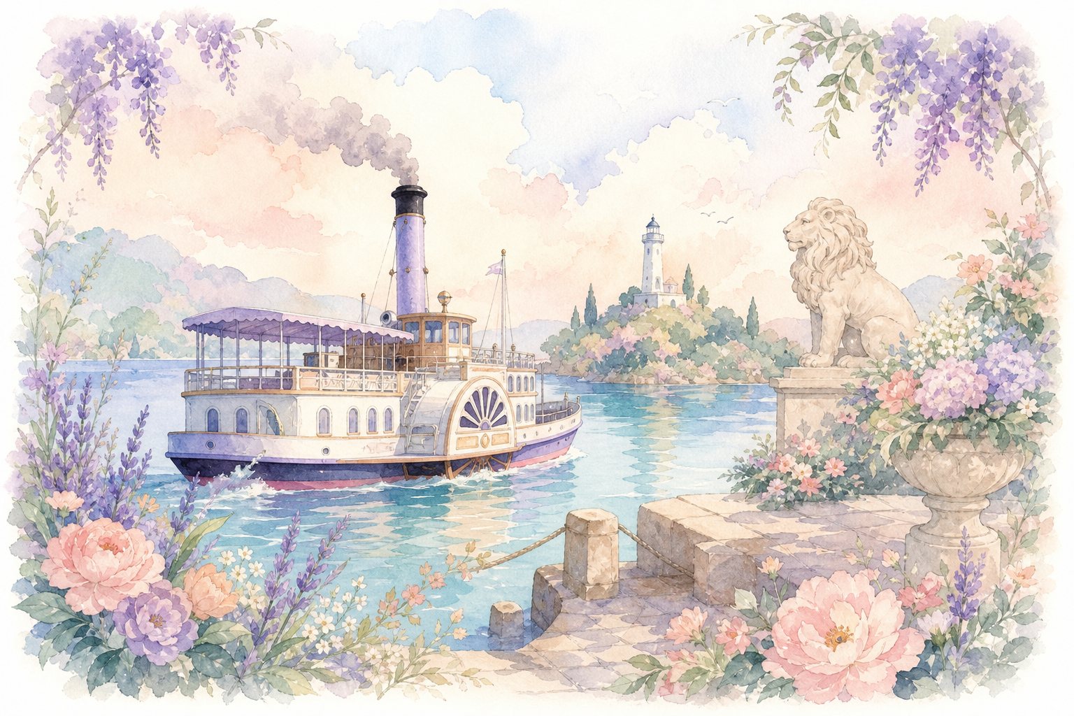 Raddampfer auf dem See vor einem Hafen mit Löwenfigur und Leuchtturm, illustriert (mit AI erstelltes Bild)