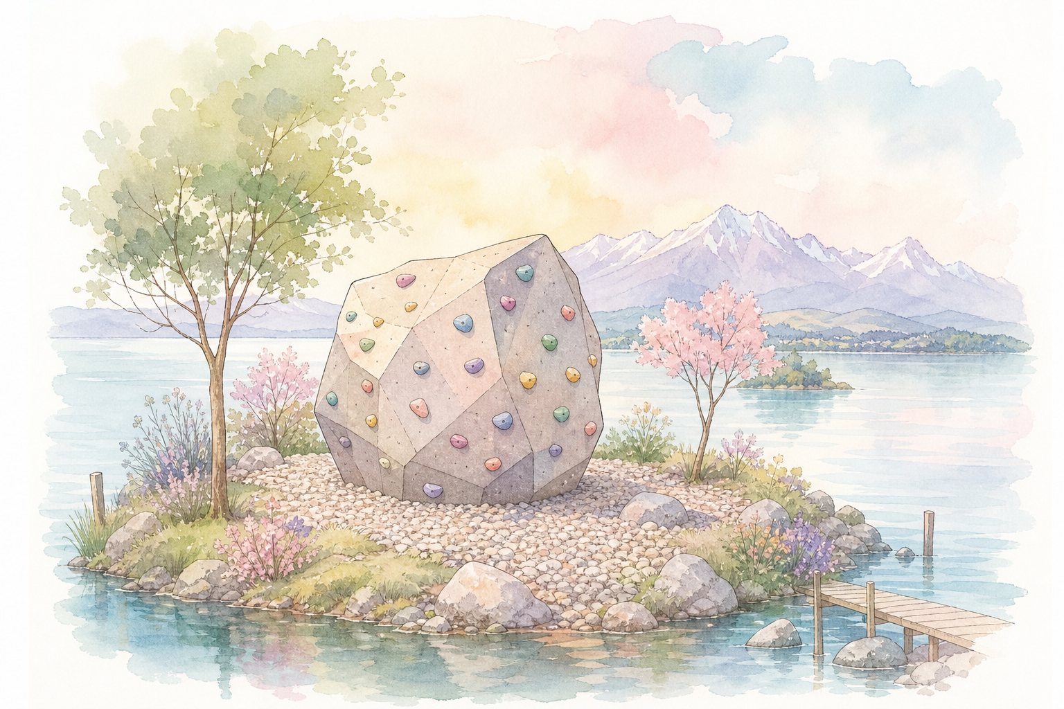 Kletterfelsen mit bunten Griffen auf einer Kiesfläche am See (mit AI erstelltes Bild)