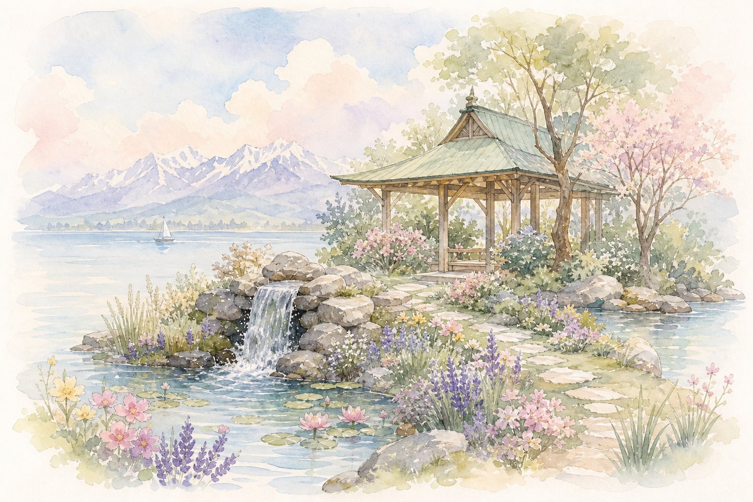 Kleiner Steinwasserfall an einem Naturteich, dahinter ein Holzpavillon am See (mit AI erstelltes Bild)