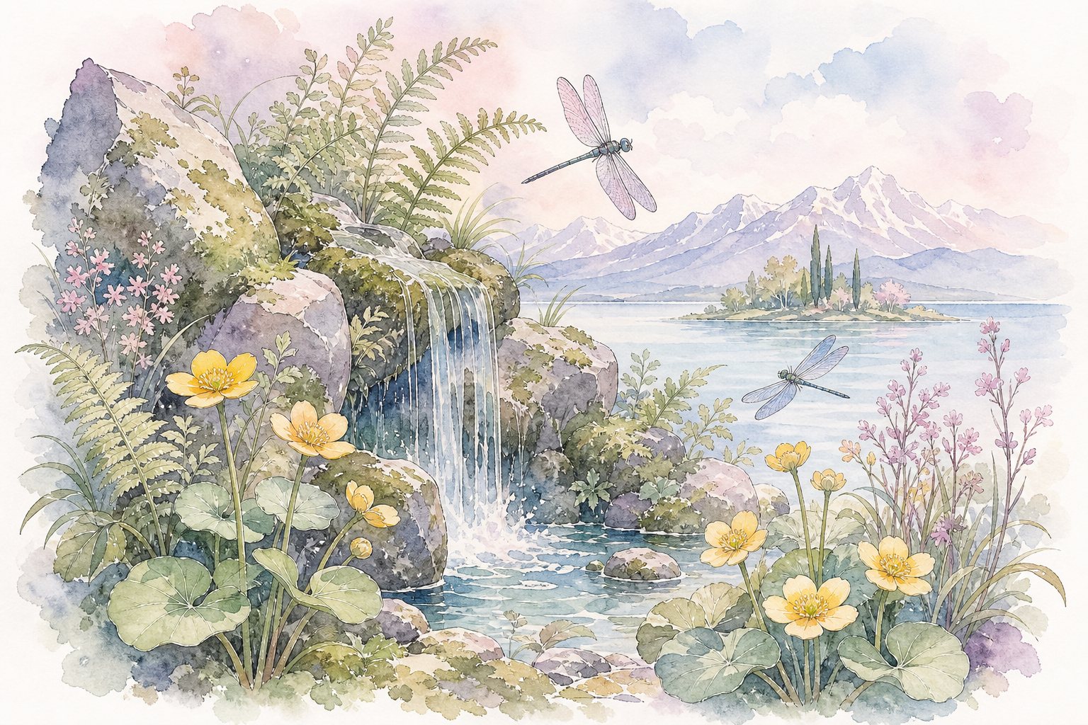Wasserfall über Felsen mit Farnen, Sumpfdotterblumen und Libellen (mit AI erstelltes Bild)