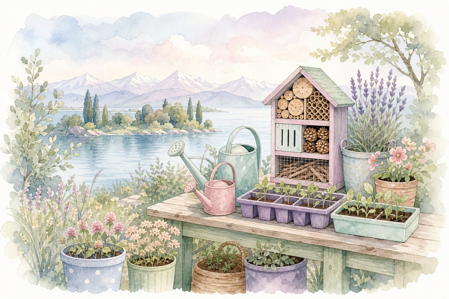 Pflanztisch mit Anzuchtschalen, Gießkannen und einem Insektenhotel am Ufer (mit AI erstelltes Bild)