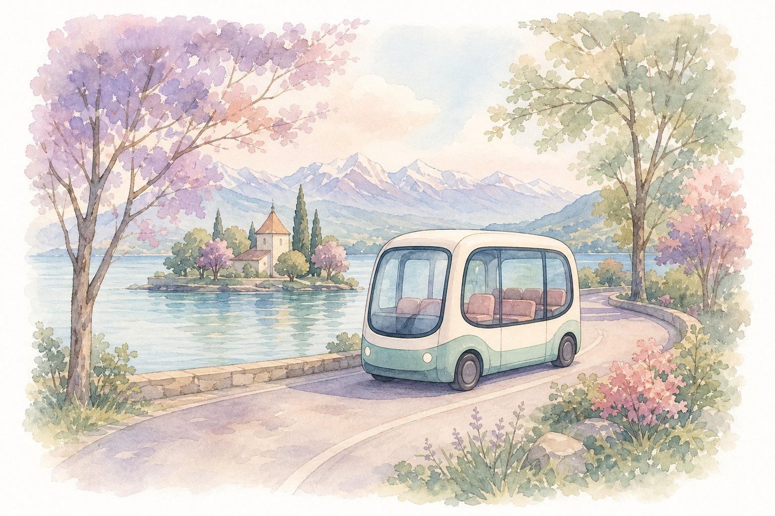 Kleiner elektrischer Kleinbus ohne Fahrer auf einem Uferweg am See (mit AI erstelltes Bild)