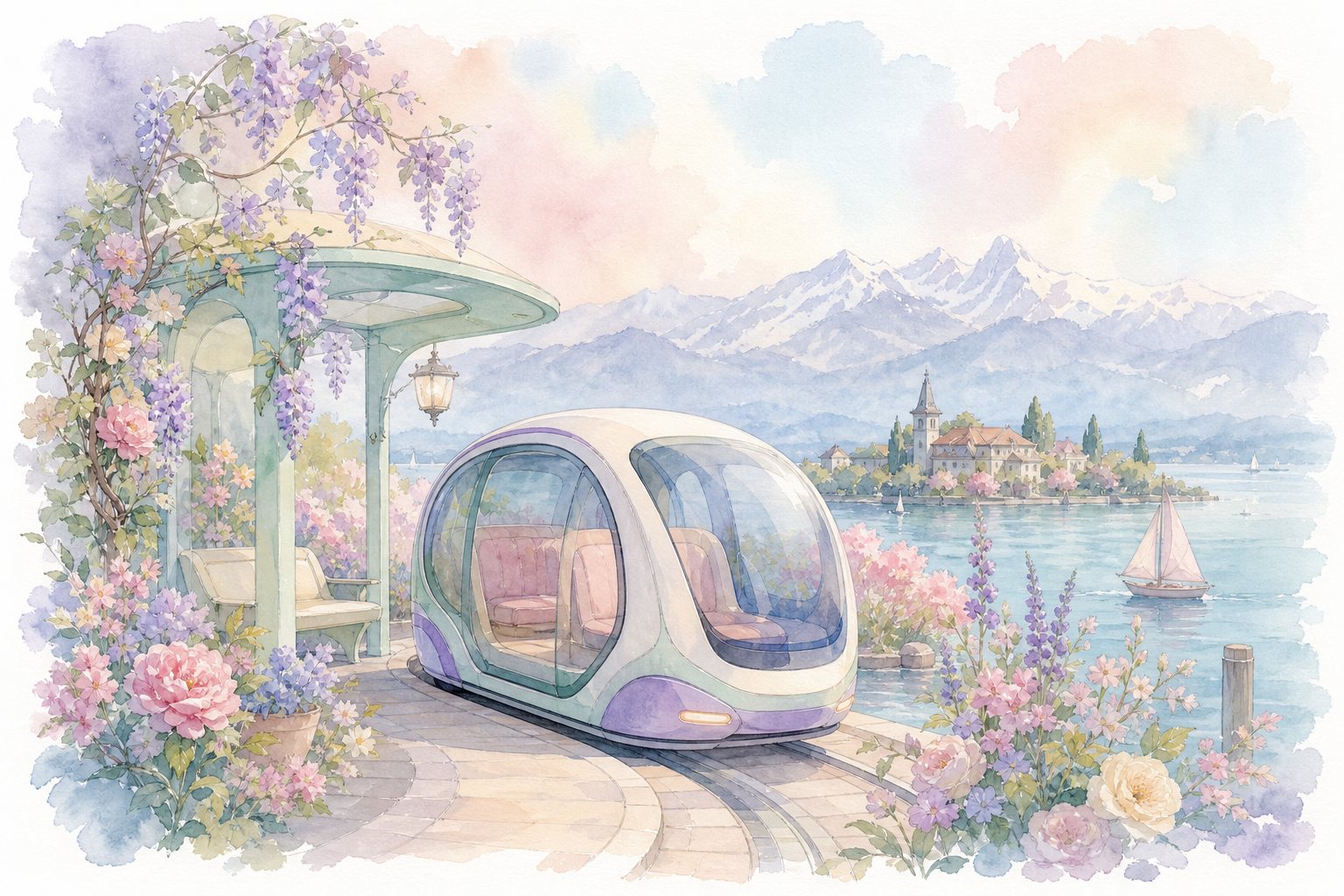 Rundliche Shuttle-Kabine an einer überdachten Haltestelle am Ufer (mit AI erstelltes Bild)