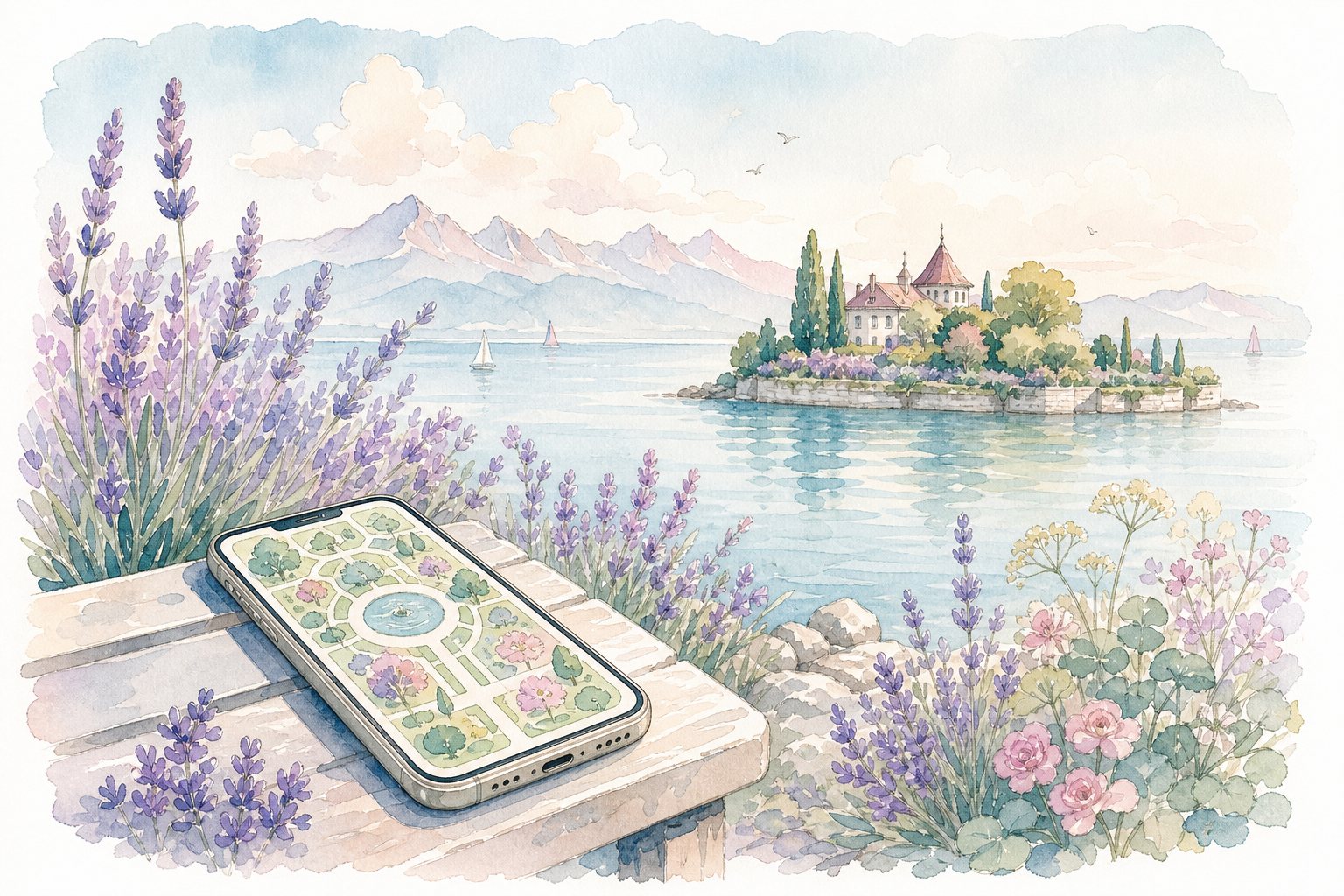 Smartphone mit Gartenplan auf einer Mauer, dahinter Lavendel und eine Insel (mit AI erstelltes Bild)