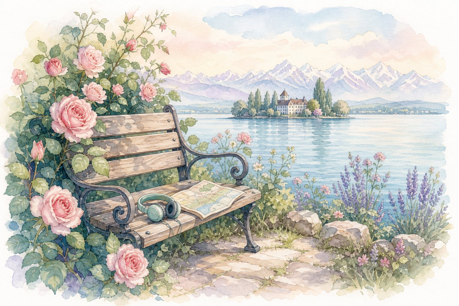 Parkbank zwischen Rosen mit Blick auf eine Insel im See (mit AI erstelltes Bild)