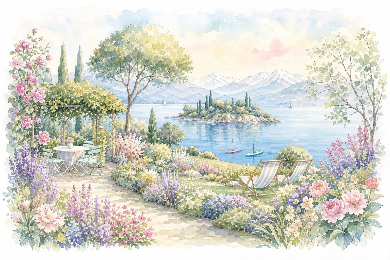 Uferwiese mit Liegestühlen, Laube und Tischen im Sommer (mit AI erstelltes Bild)