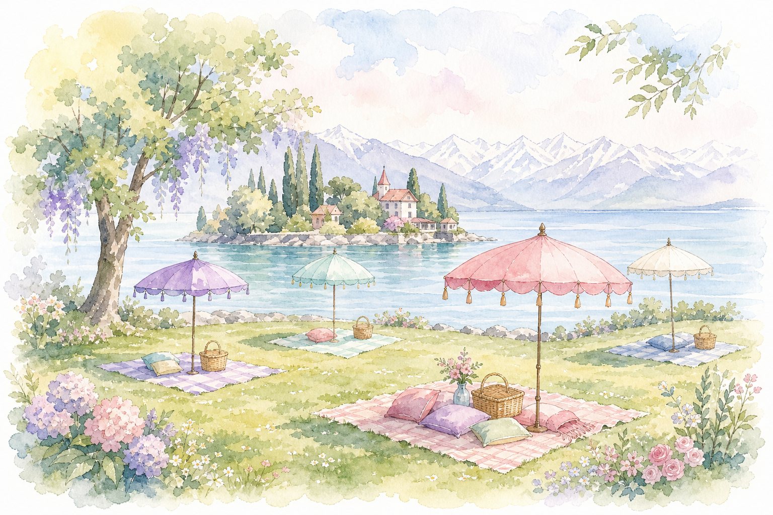 Sonnenschirme und Picknickdecken auf einer Wiese am See (mit AI erstelltes Bild)