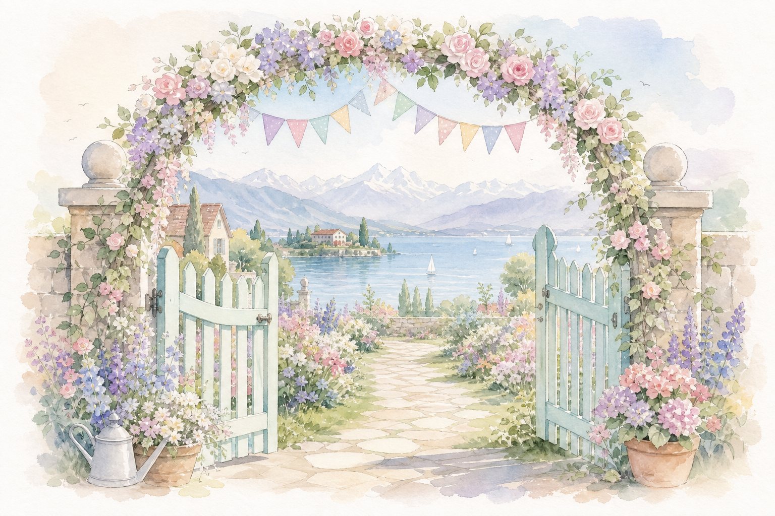 Geöffnetes Tor unter einem Blumenbogen mit Wimpelkette (mit AI erstelltes Bild)