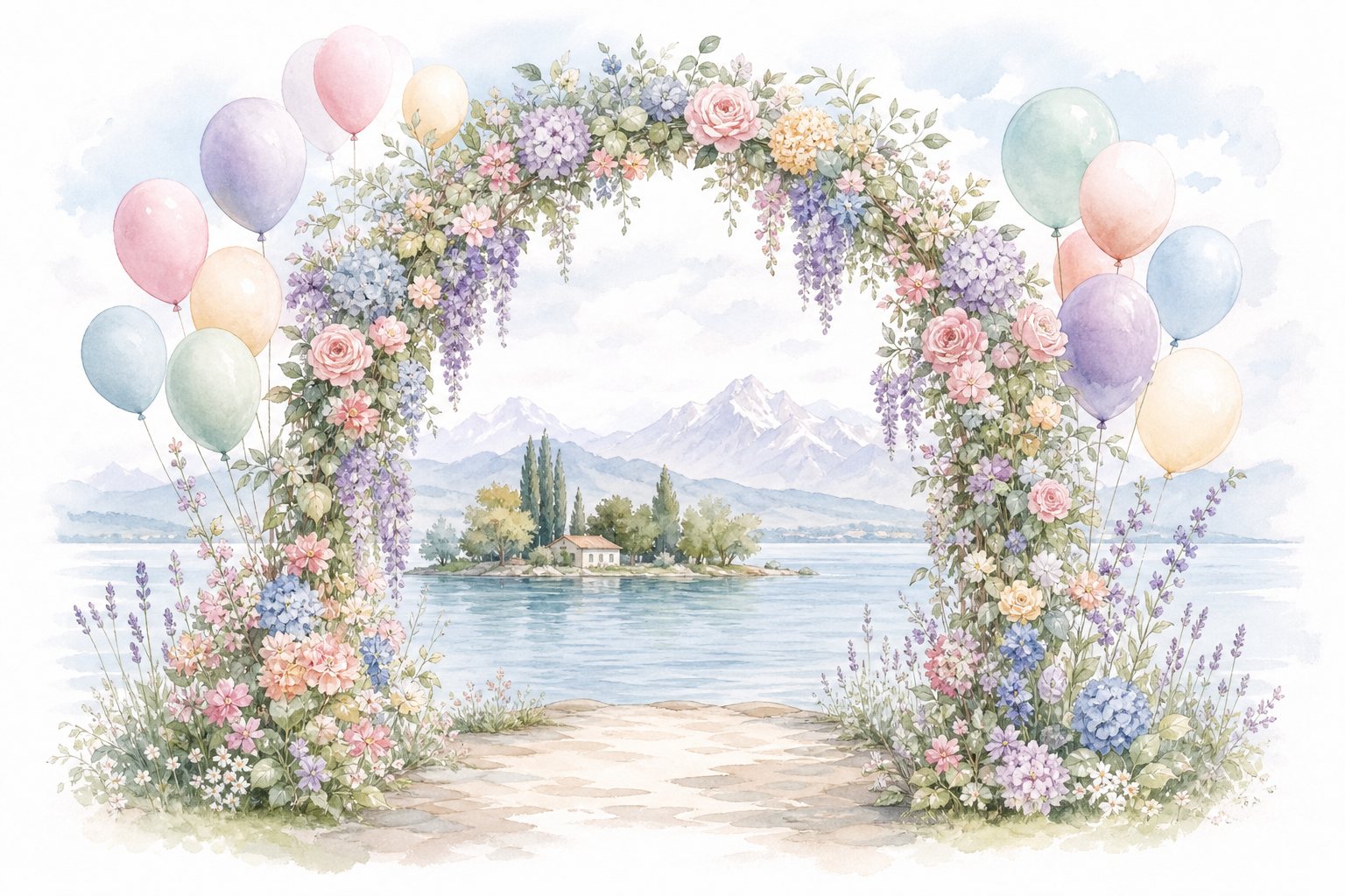 Blumenbogen mit Luftballons vor dem See (mit AI erstelltes Bild)