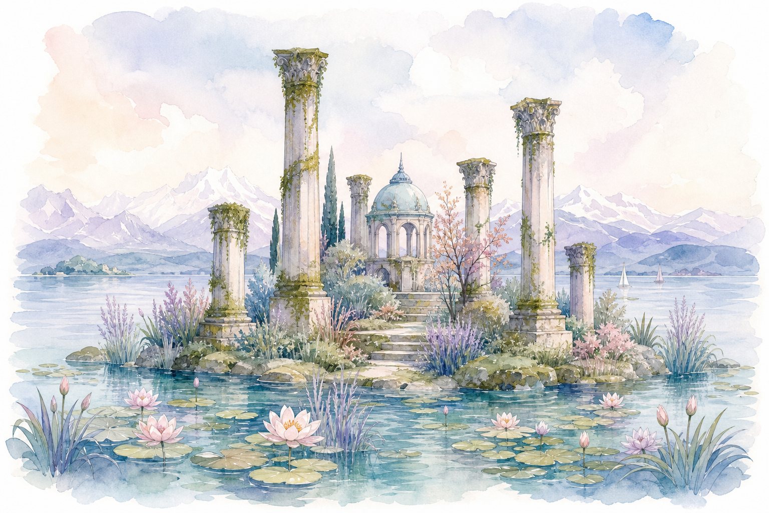 Säulenruinen auf einer kleinen Insel zwischen Seerosen (mit AI erstelltes Bild)