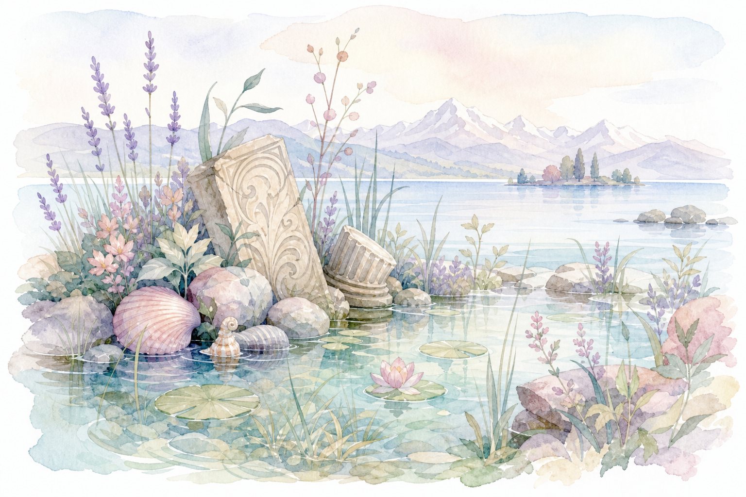Verwitterte Steintafel, Muscheln und Wasserpflanzen im flachen Uferwasser (mit AI erstelltes Bild)