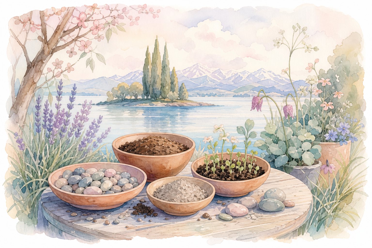 Tonschalen mit Erde, Kies, Sand und Keimlingen auf einem Tisch am See (mit AI erstelltes Bild)