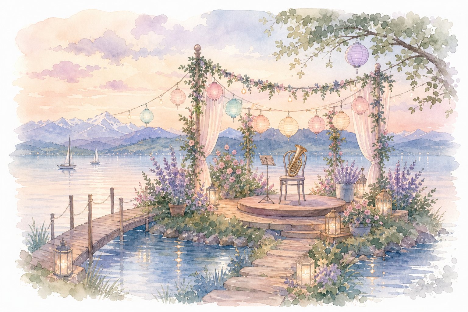 Kleine Bühne mit Lampions an einem Steg am Abend (mit AI erstelltes Bild)