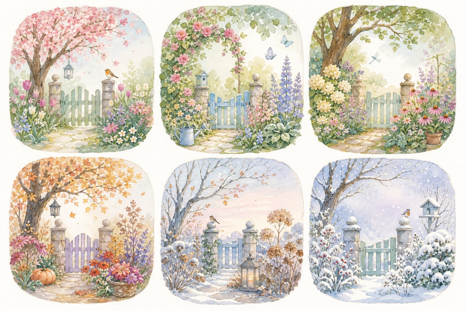 Dasselbe Gartentor in sechs Bildern, vom Frühling bis zum Winter (mit AI erstelltes Bild)
