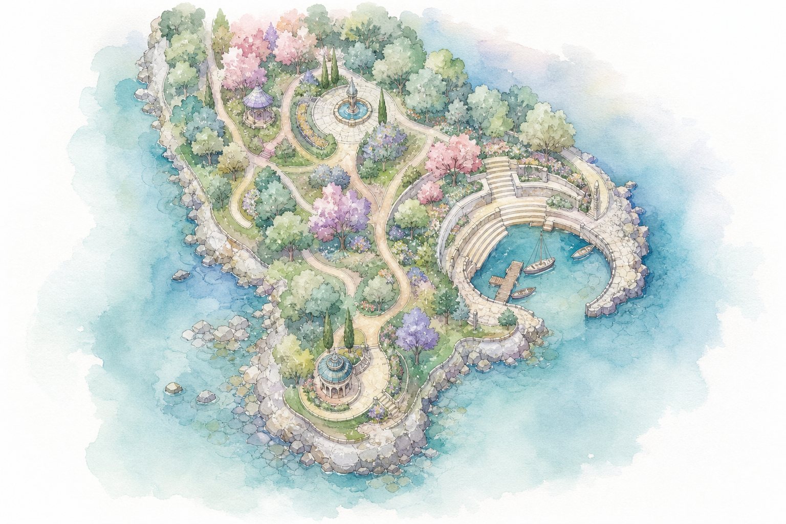 Vogelperspektive auf eine Gartenfläche am Wasser mit Wegen, Beeten und Sitzstufen (mit AI erstelltes Bild)