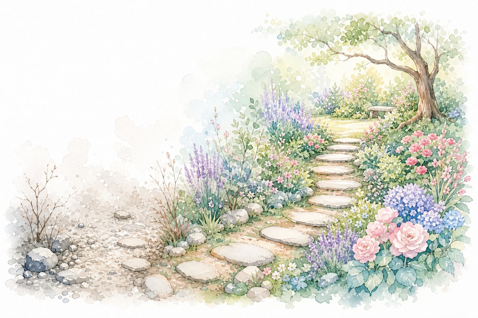 Trittsteinweg, der aus kargem Kies in einen blühenden Garten führt (mit AI erstelltes Bild)