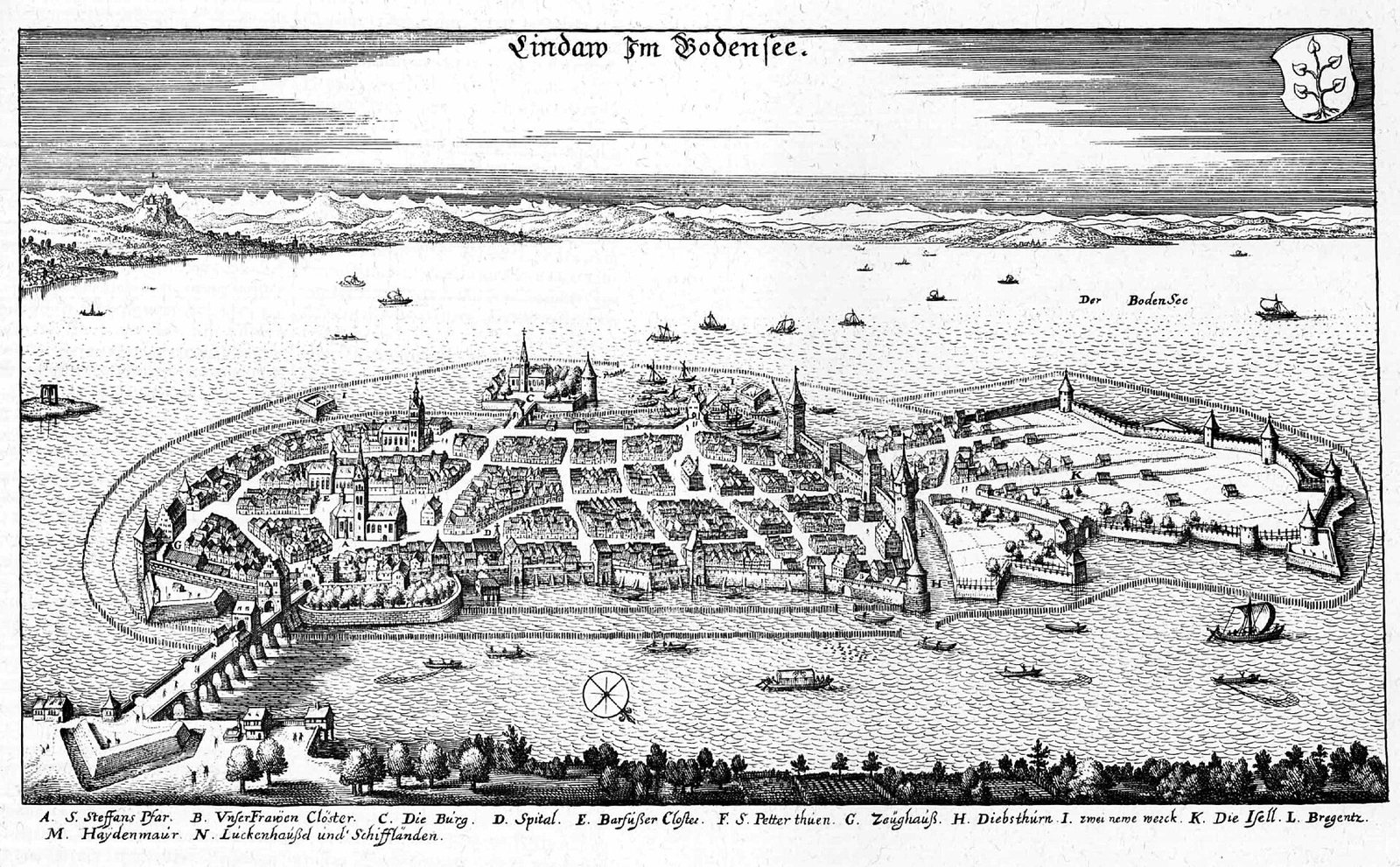 Historischer Kupferstich der Stadt Lindau im Bodensee von Matthäus Merian