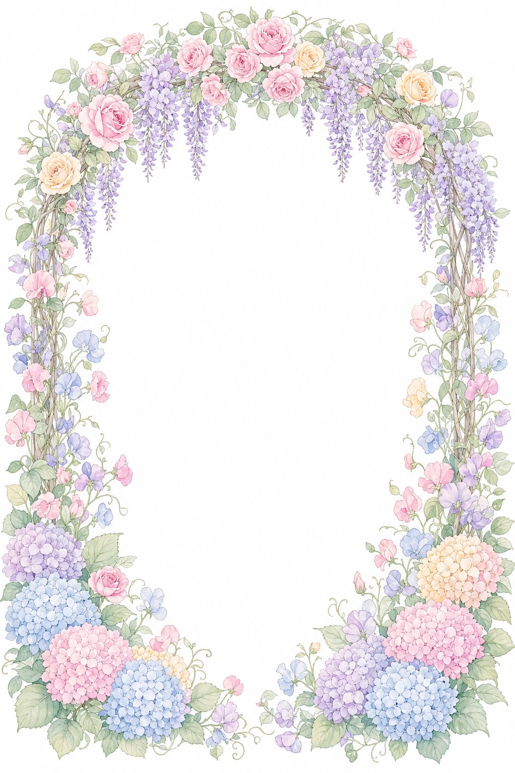 Gemalter Blumenbogen mit Rosen und Glyzinie (mit AI erstelltes Bild)