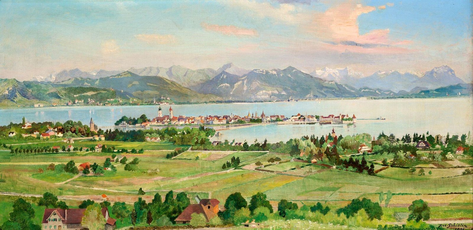 Gemälde mit dem Blick vom Hoyerberg auf die Insel Lindau und die Alpen