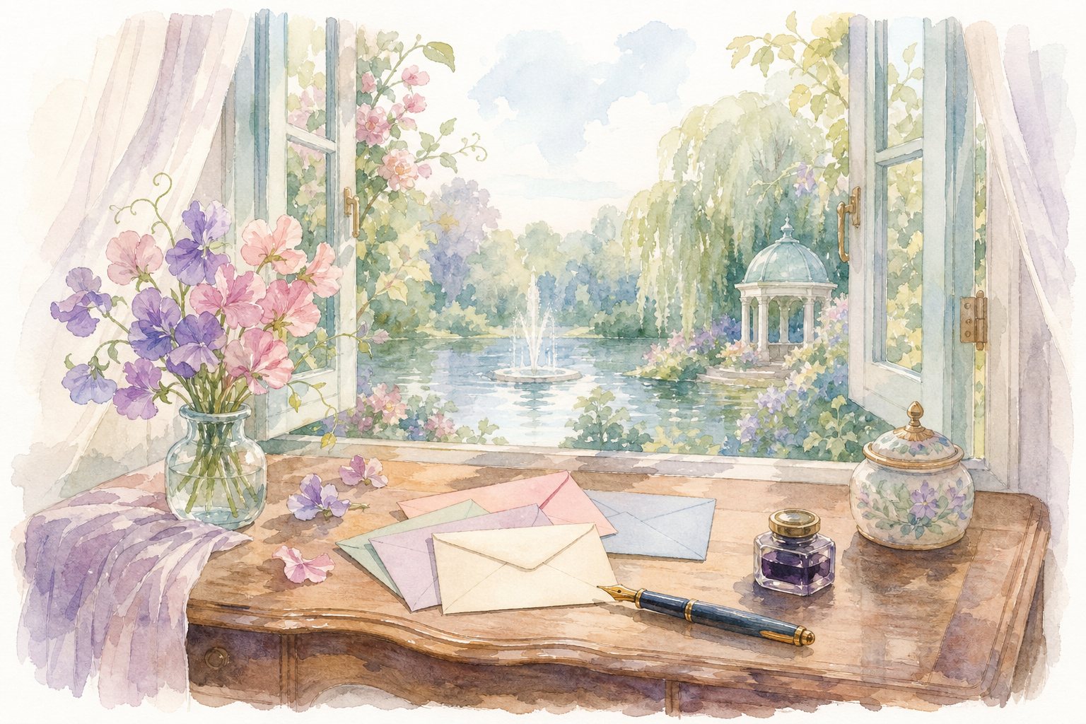 Schreibtisch am offenen Fenster mit Briefumschlägen, Tintenfass und Füller (mit AI erstelltes Bild)