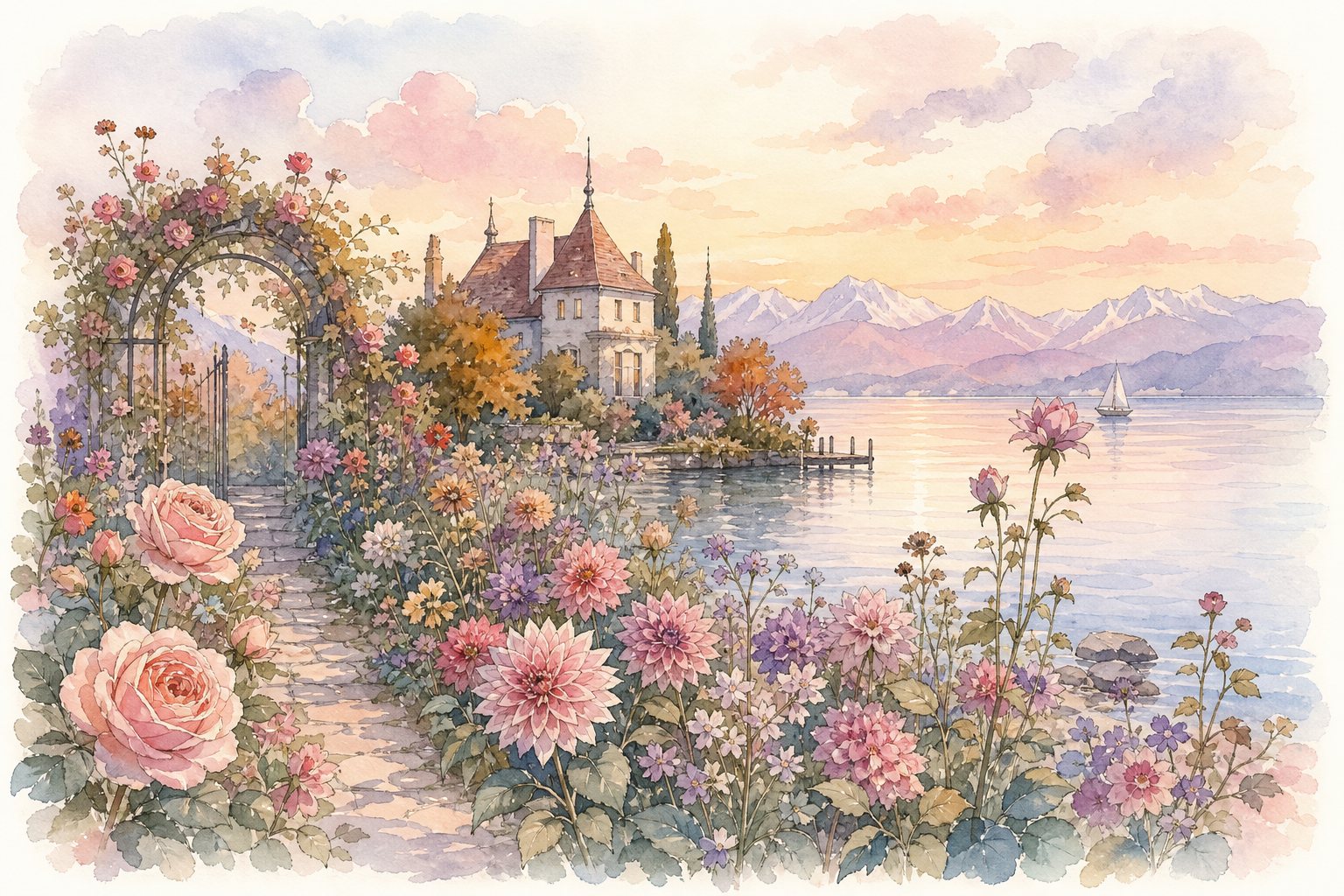 Rosen und Dahlien am Ufer im Abendlicht, dahinter ein Schloss am See (mit AI erstelltes Bild)