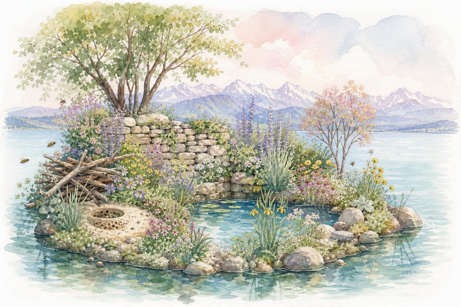Naturgarten mit Totholz, Trockenmauer und Tümpel am See (mit AI erstelltes Bild)