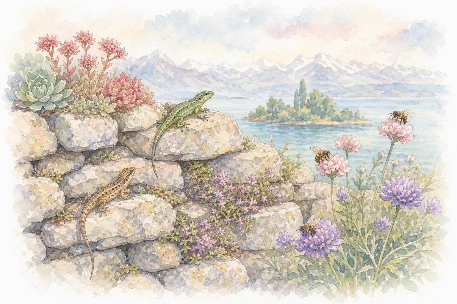 Trockenmauer mit Eidechsen, Hummeln und blühenden Polsterpflanzen am See (mit AI erstelltes Bild)