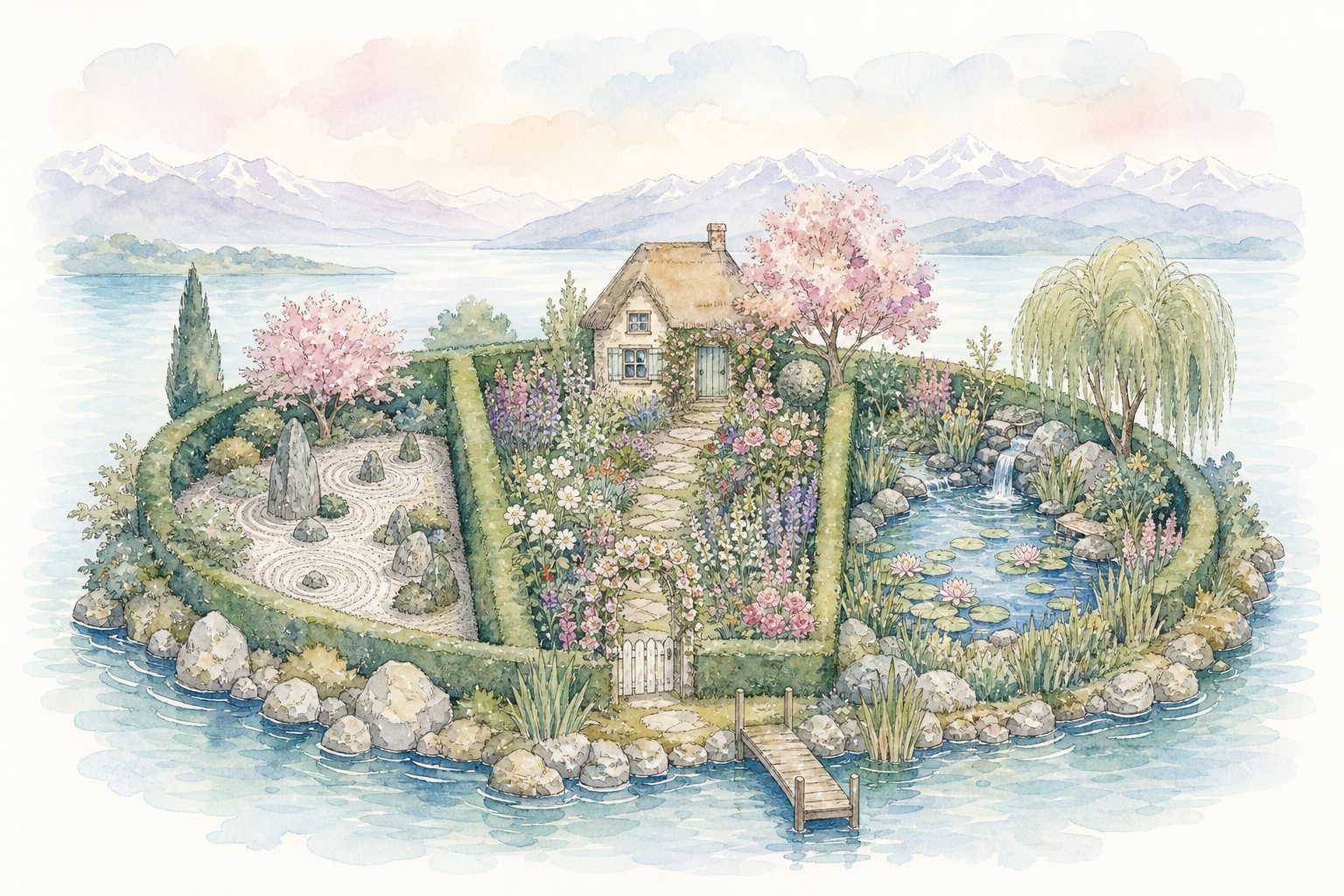 Themengärten mit Hecken, Kiesgarten und Teich um ein kleines Gartenhaus (mit AI erstelltes Bild)