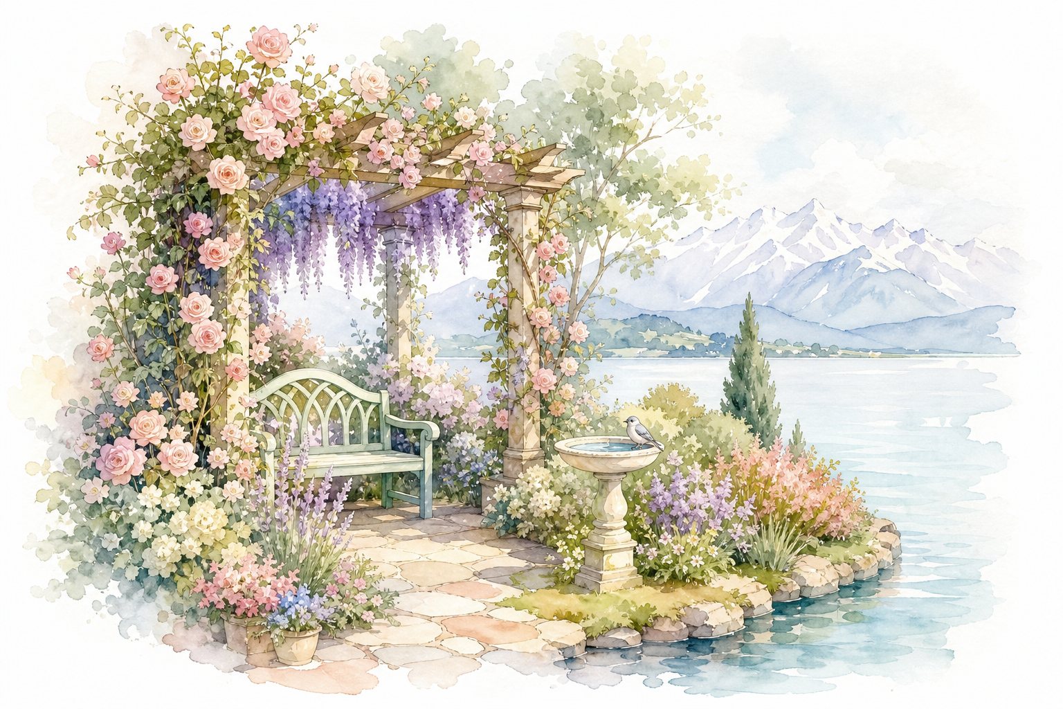Rosenpergola mit Glyzinie, Gartenbank und Vogeltränke am Ufer (mit AI erstelltes Bild)