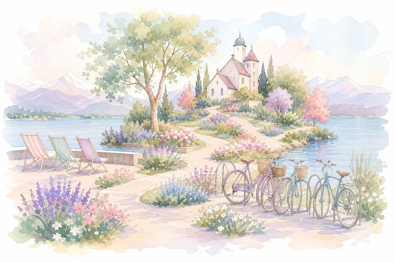 Liegestühle und abgestellte Fahrräder an einem Blumenweg zum See (mit AI erstelltes Bild)