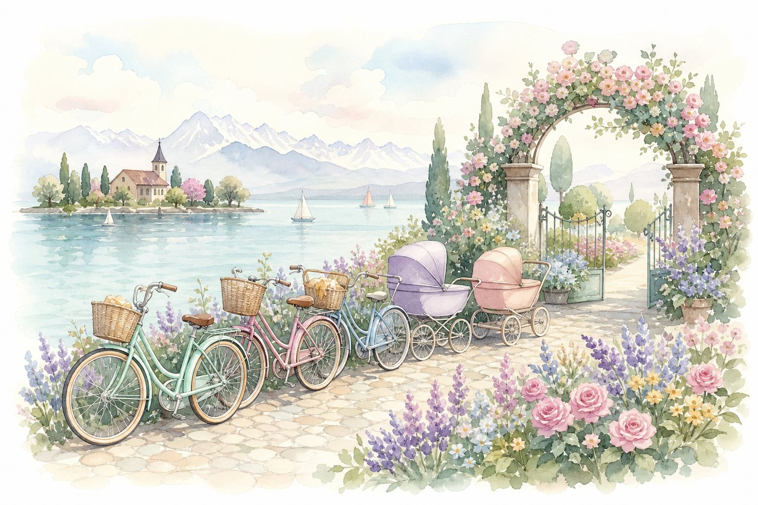 Abgestellte Fahrräder und Kinderwagen vor einem Rosenbogen am Ufer (mit AI erstelltes Bild)