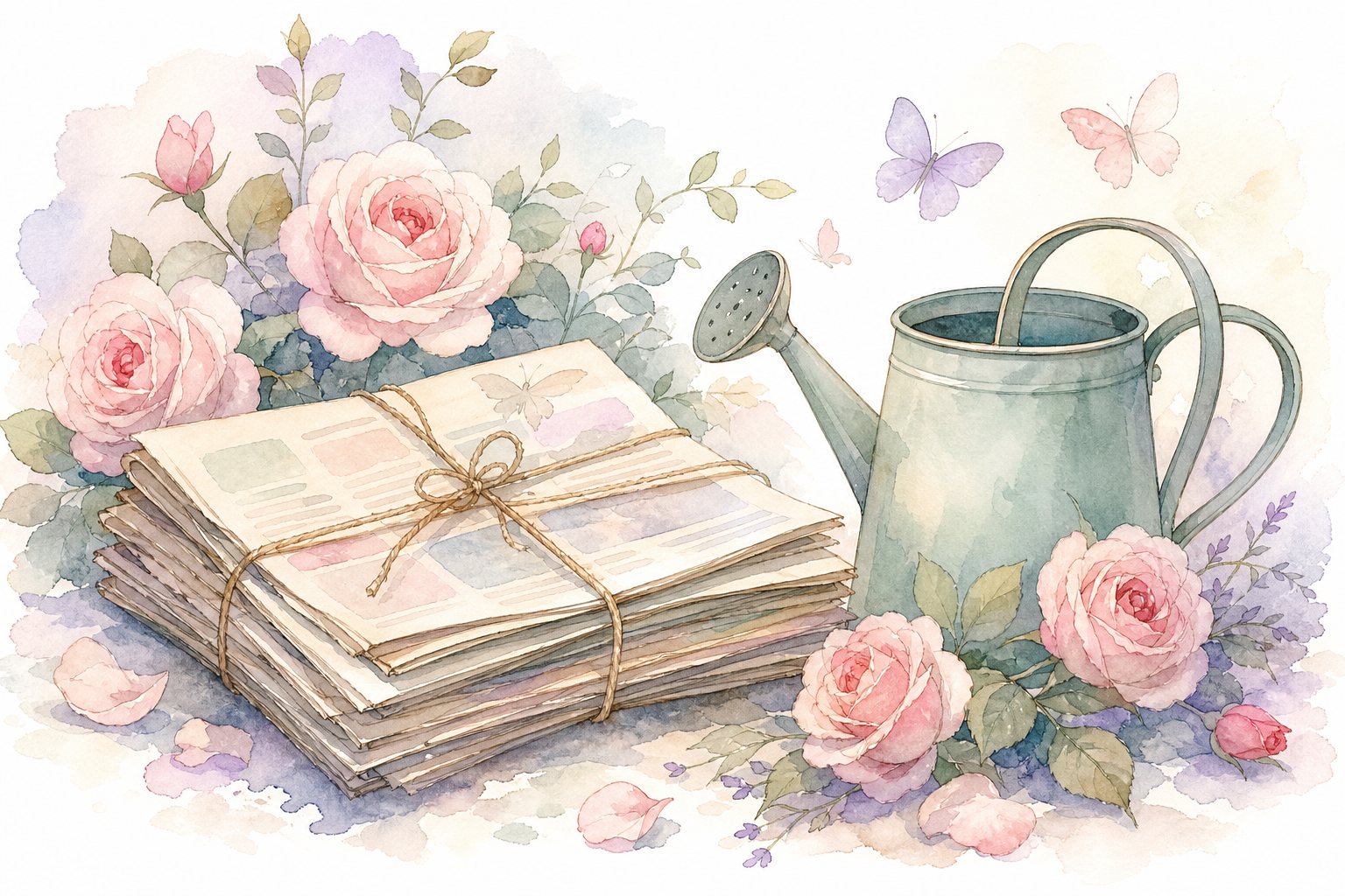 Verschnürter Stapel alter Zeitungen neben einer Gießkanne und Rosen (mit AI erstelltes Bild)