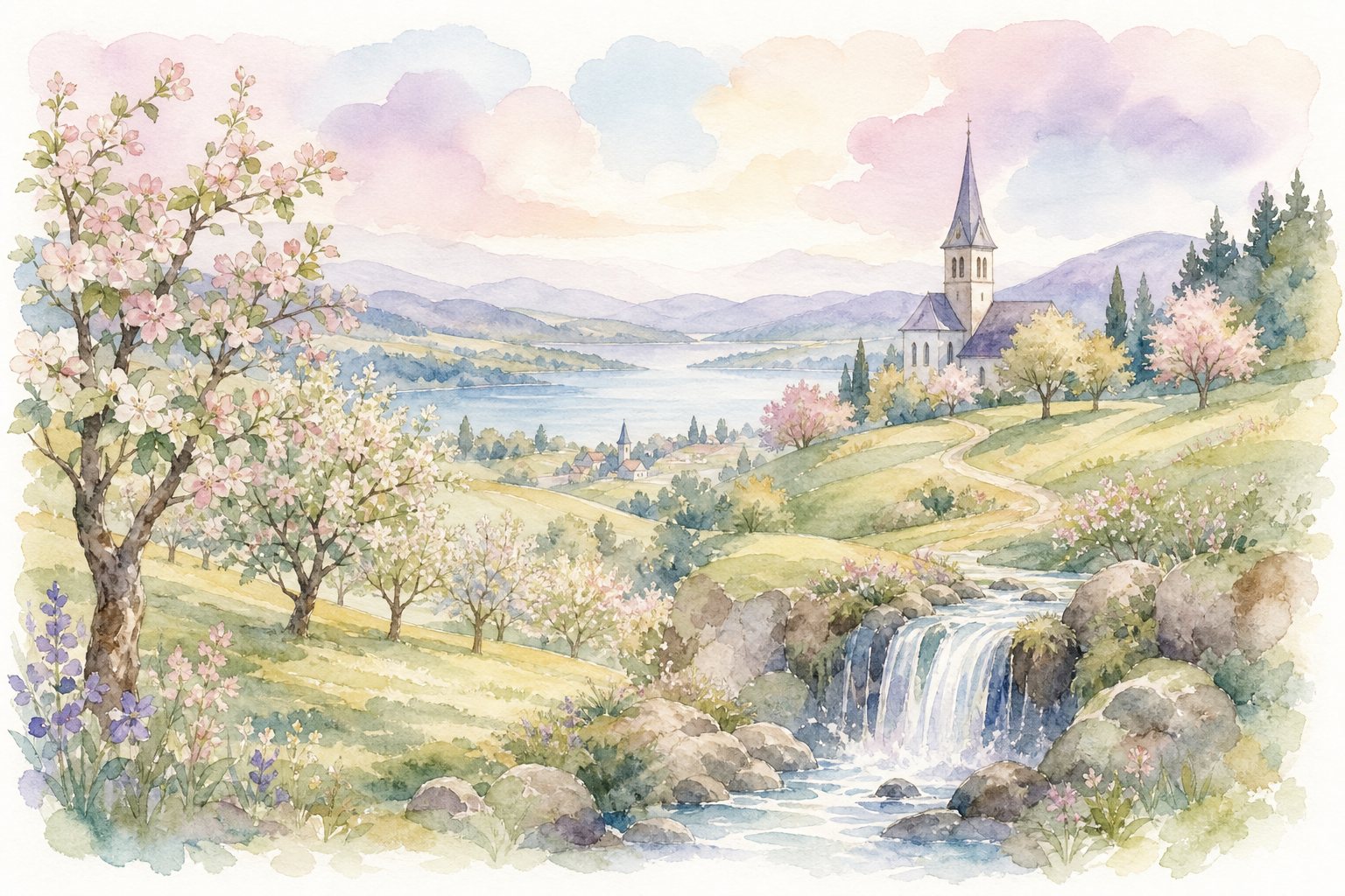 Hügellandschaft mit Obstbäumen, Bachwasserfall und Dorfkirche (mit AI erstelltes Bild)