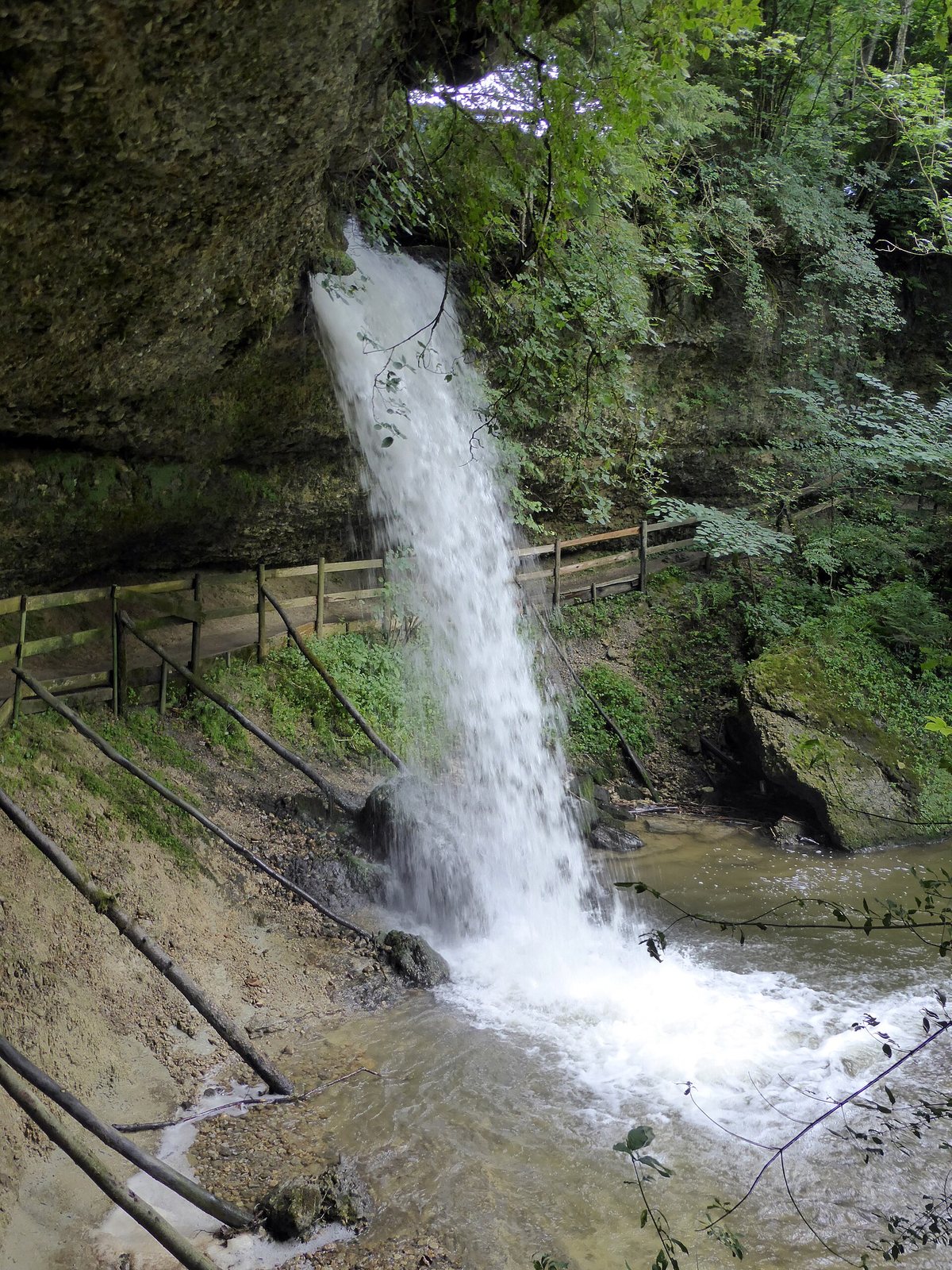 Weg mit Geländer entlang der Schlucht an den Scheidegger Wasserfällen