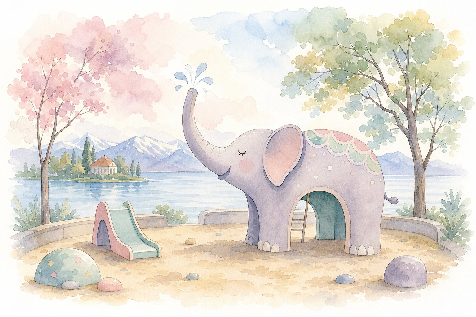 Elefantenförmiges Spielgerät mit Rutsche auf einem Sandplatz (mit AI erstelltes Bild)
