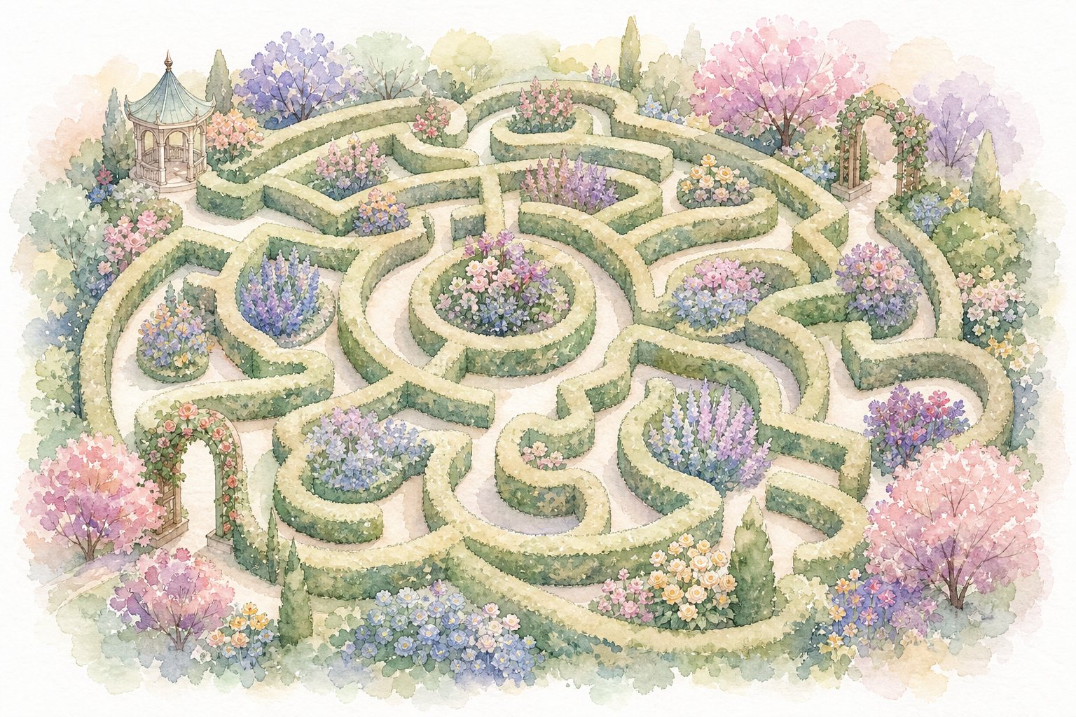 Rundes Heckenlabyrinth mit Lavendelbeeten, von oben gesehen (mit AI erstelltes Bild)