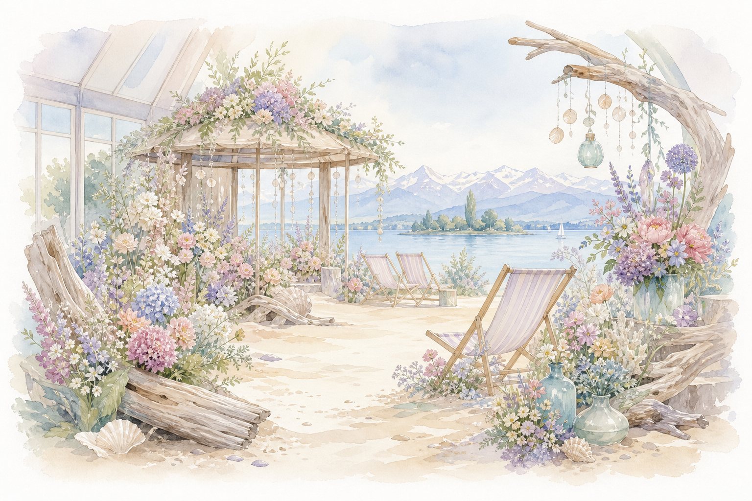 Strandlaube mit Treibholz, Liegestuhl und Blumen unter Glas (mit AI erstelltes Bild)