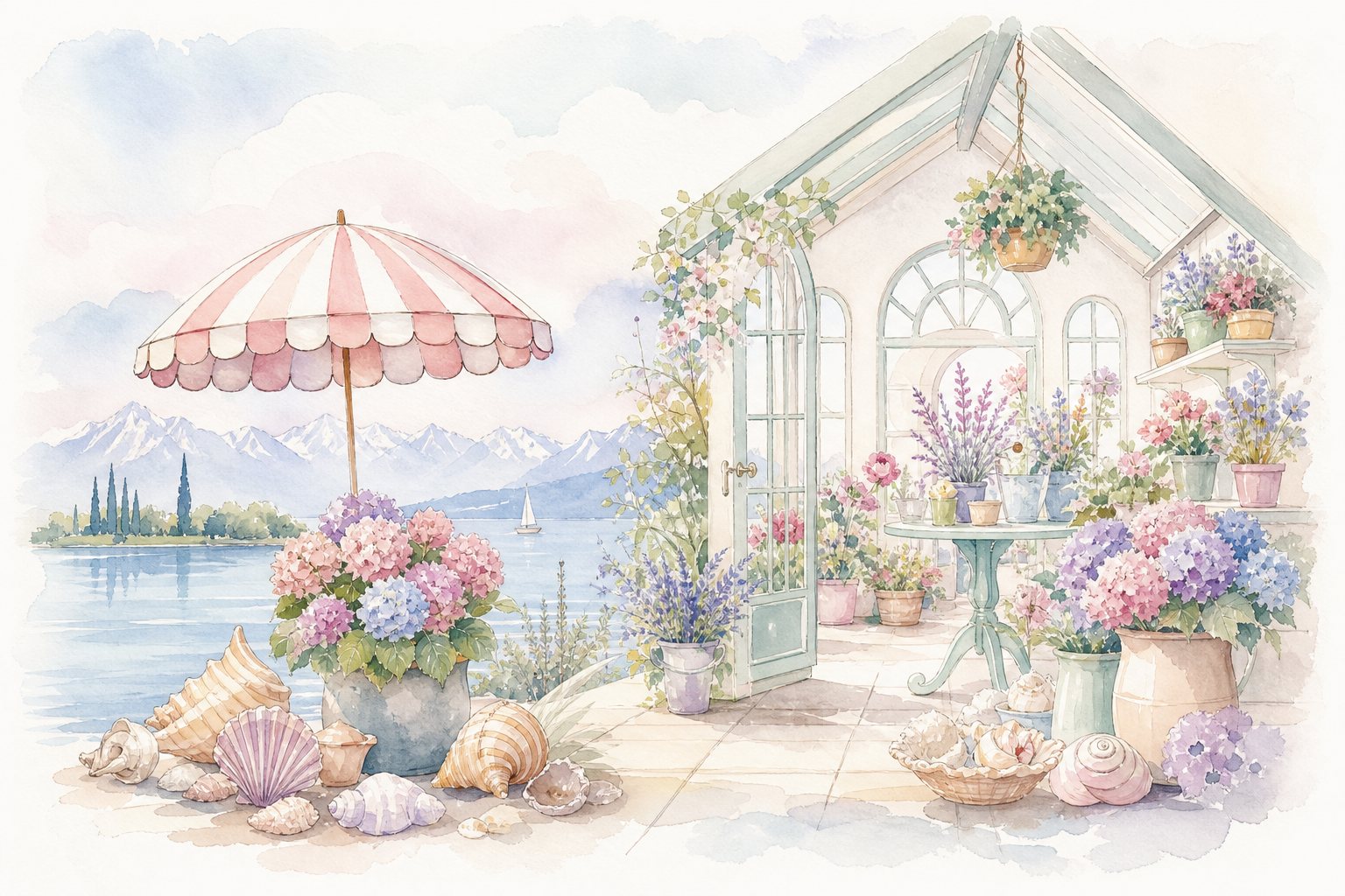 Glashaus mit Hortensien, davor Sonnenschirm und Muscheln (mit AI erstelltes Bild)
