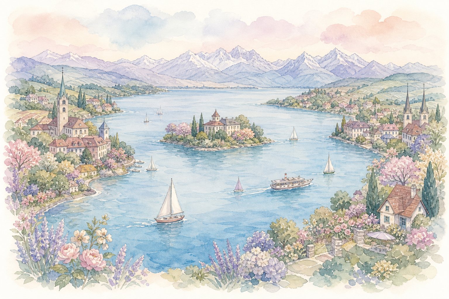 See mit kleiner Insel, Segelbooten und Ufergärten aus der Vogelperspektive (mit AI erstelltes Bild)