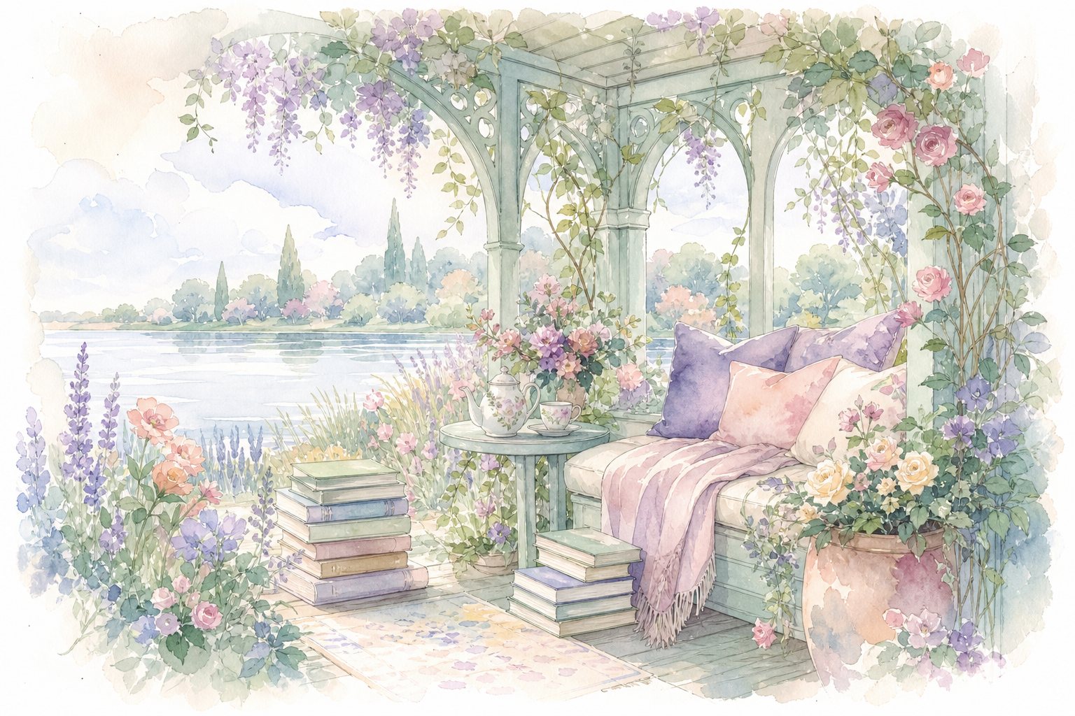 Sitzecke unter einer Glyzinienlaube mit Büchern und Kissen (mit AI erstelltes Bild)