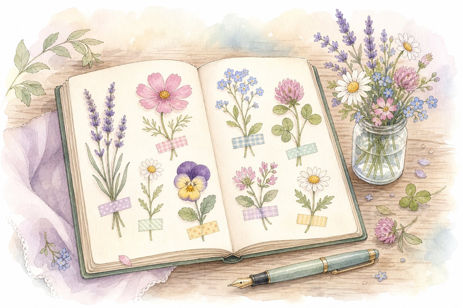 Aufgeschlagenes Herbarium mit gepressten Wildblumen, daneben ein Glas mit Wiesenblumen und ein Füller (mit AI erstelltes Bild)