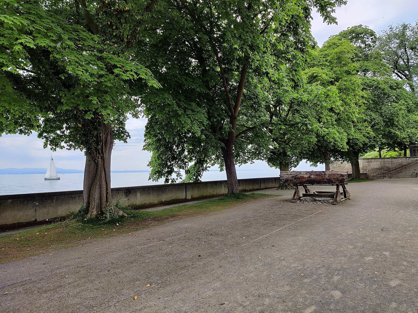 Uferweg auf der Hinteren Insel mit Holzelementen und Bäumen