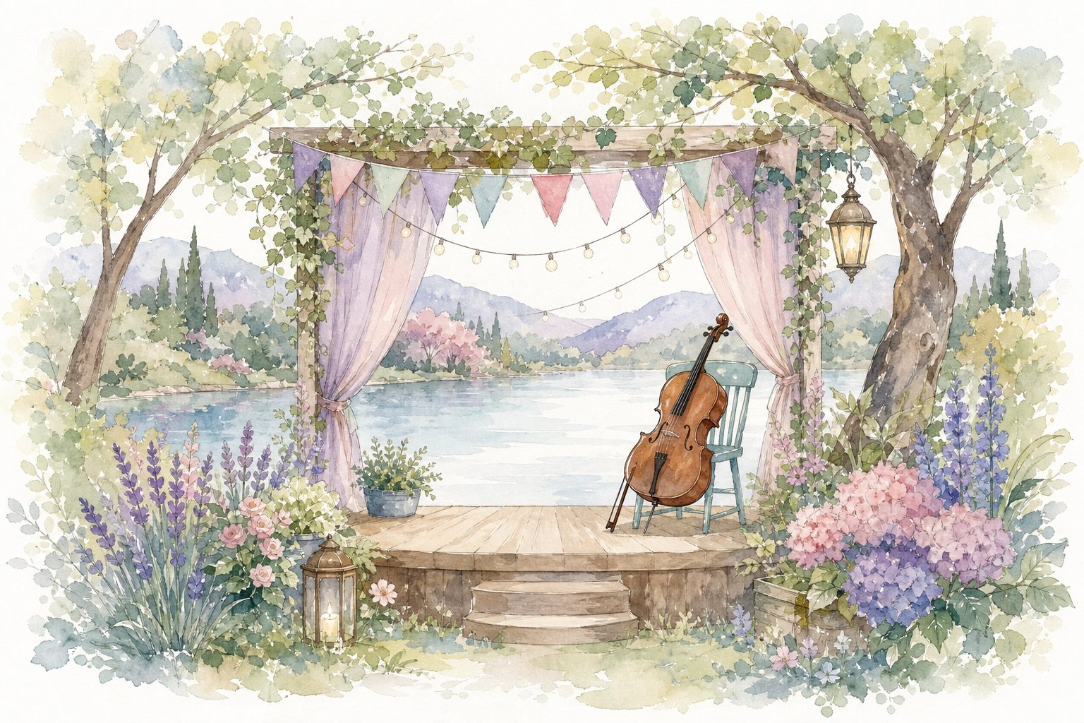 Kleine Holzbühne mit Cello unter Wimpeln und Vorhängen (mit AI erstelltes Bild)
