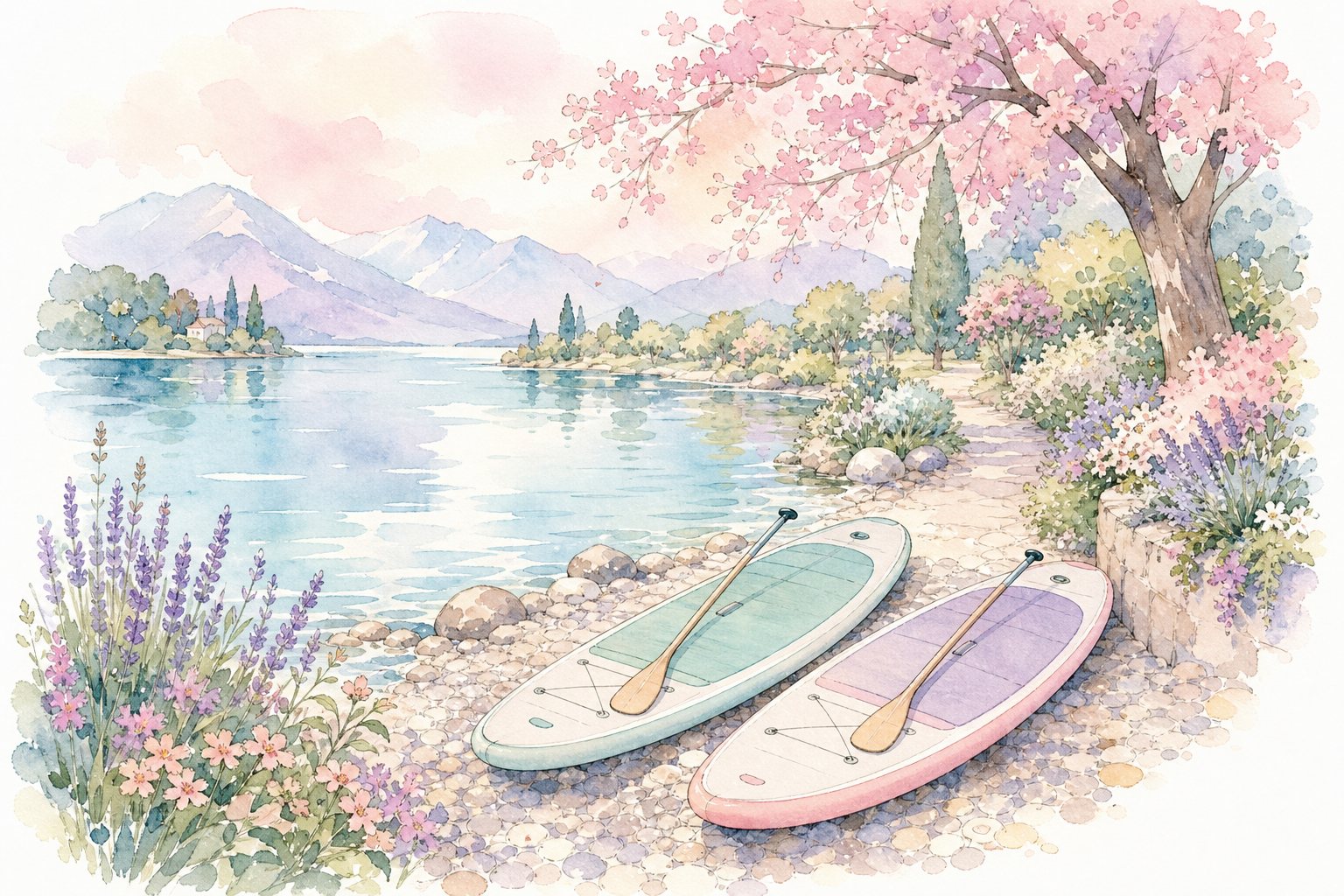 Zwei Stand-up-Paddleboards am Ufer unter einem blühenden Baum (mit AI erstelltes Bild)