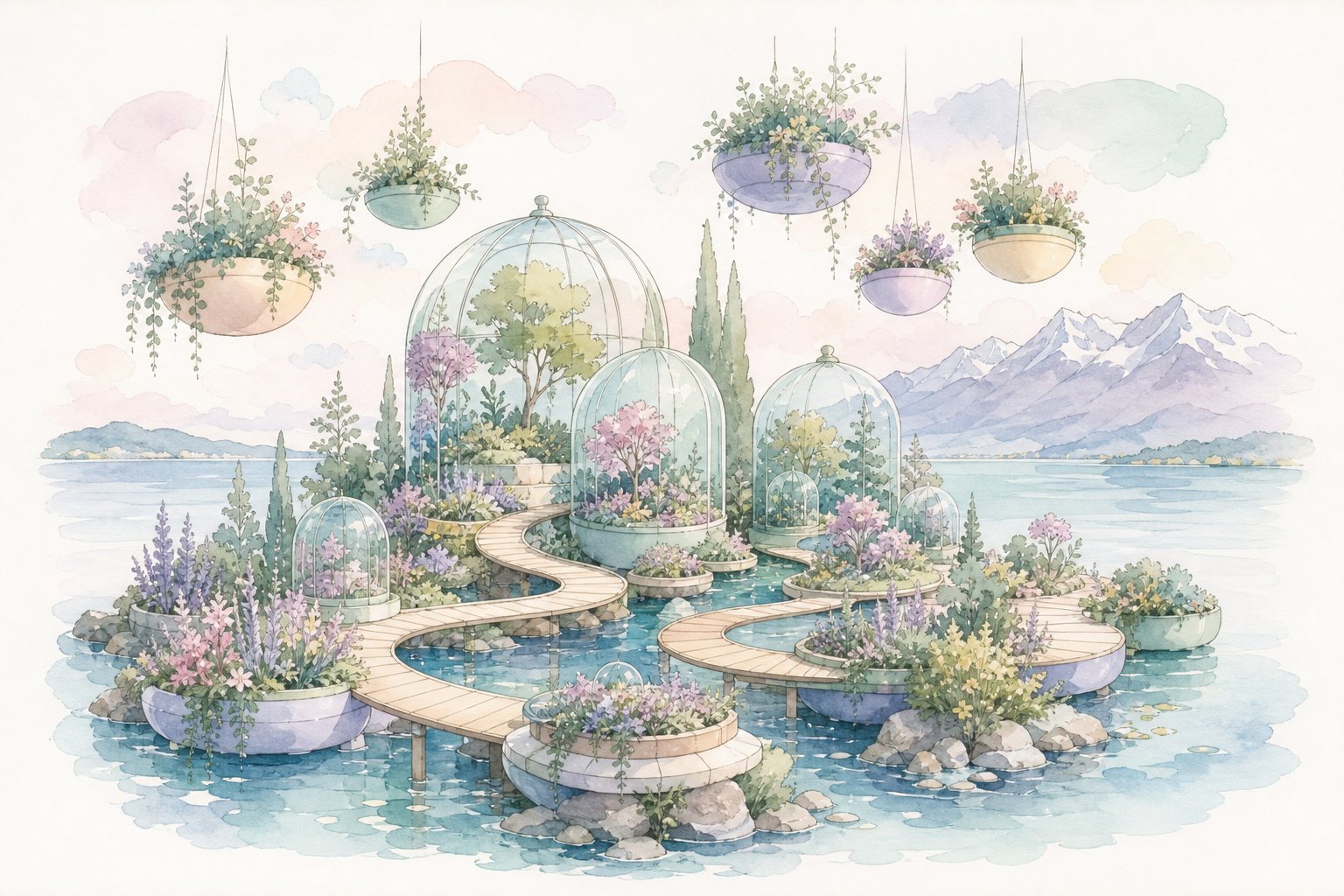 Glaskuppeln, Hängepflanzen und schwimmende Beete auf dem See (mit AI erstelltes Bild)